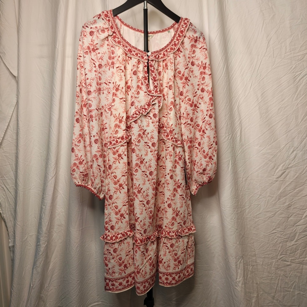 Max Studio London Floral Ruffle Mini Dress L Red Cream Long Sleeve Tiered Boho‎